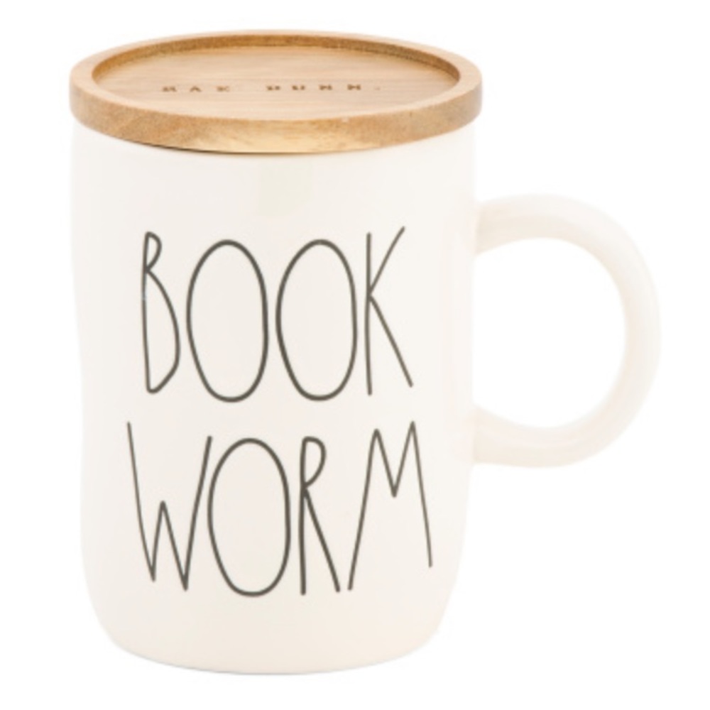 Rae Dunn Cream "BOOK WORM" Ceramic Mug with Wood Lid